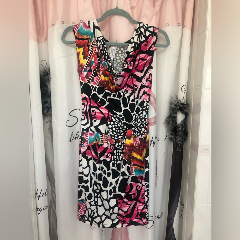 Women’s patterned colorful dress. Pink, black, white, blue colors. Size small.